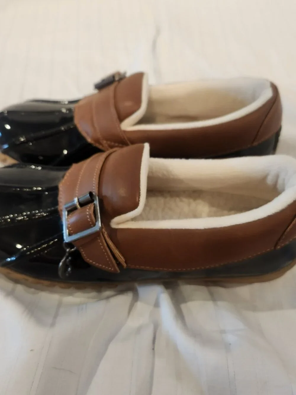 Sporto Paria Navy Patent Leather Fur Lined Duck Shoes Rain Loafers Size 6
